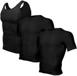 Odoland 3 Pack Men's Body Shaper Compression Shirt Short Sleeve Vest Set, Slimming Base Layer Shapewear Tank Top,2 Black Short Sleeve and 1 Black Tank Top,XXL