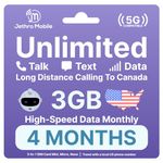 USA Prepaid Sim Card (Uses T-Mobile), Unlimited Talk, Text, Data & 3GB High-Speed Data, Quick Activation, Reloadable, Easy to Use, Jethro Mobile US SIM Card for Canadian Travelers (4 Month)