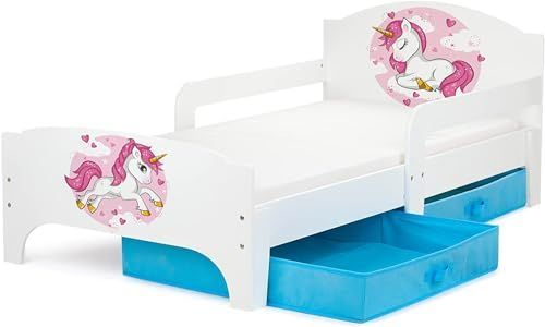 Leomark Smart Moderne Lit d'enfant Toddler 140x70 - Blanche Lit Simple avec Un Tiroir, Lit pour Enfant avec Rangement et Matelas, Tiroir en Textile 2 Pièces