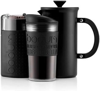 BODUM COFFEE SET – 1l/8 cup Stainless Steel Vacuum Insulated French Press Coffee Maker, Double Wall Travel Mug and Electric Coffee Grinder, Black