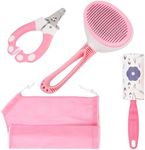 Belle Vous Pink All-in-One Pet Grooming Set - Self-Cleaning Shedding Brush, Nail Clippers, Bath Bag and Lint Roller for Long/Short-Haired Cats or Dogs