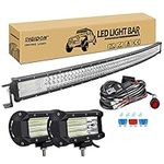 RIGIDON Curved 50 inch 648W Led Light Bar With 1 Pcs 12V 2 Lead Wiring Harness Cable Kit, 2 Pcs 5 inch 135W Flood Outdoor Led Work Light for Car Off road Truck Tractors SUV ATV 4x4 Boat, 6000K White