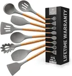 Zulay Kitchen Utensils Set Non-Stick Silicone Cooking Utensils Set with Authentic Acacia Wood Handles - 8 Piece Silicone Utensil Set - Silicone Kitchen Utensils Set with 464°F Heat Resistance - Gray