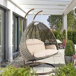 DEVOKO Rattan and Wicker Outdoor Indoor Furniture Double Seater Hanging Swing Chair with Stand for 2 Adults Person (Dark Brown & Cream)
