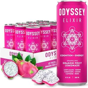 Odyssey Elixir Sparkling Adaptogen Drink, Low Calorie Drinks, L Theanine, Lions Mane, Cordyceps & Green Tea Caffeine for Energy & Focus, Non-GMO, Vegan, Dragon Fruit Lemonade Flavor, 12 Fl oz, 12 Pack