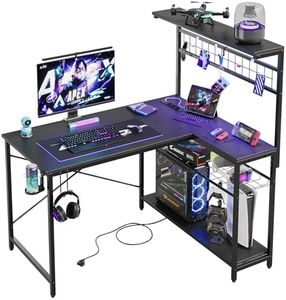 Bestier Bureau d'angle en Forme de L avec Prises et Éclairage LED – 106CM Compact avec Étagères, d'ordinateur Réversible avec Crochets pour Bureau à Domicile ou Chambre à Coucher