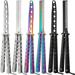 Coloch 6 Pack Practice Butterfly Trainer, Stainless Steel Folding Training Comb with Unsharpened Edge Assorted Arts Practice Tool for Practicing Flipping Tricks, Black/Silver/Iridescent