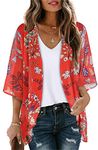 Women Summer Kimono Cardigan Bohemian Beach Plus Size Shirts Bathing Suit Cover Up (Boho Red, L)