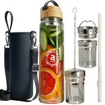 ameiin 32oz Borosilicate Glass Water Bottle with Bamboo Lid and 2 Tea Infuser Sets for Fruit Infused Water and Cold Brew Coffee - Glass Tea Infuser Bottle with Strainer for Loose Leaf Tea