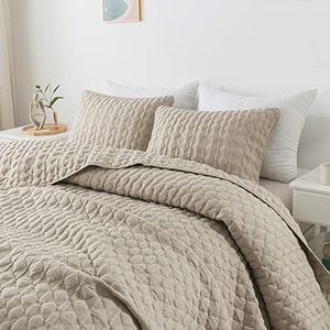 Beige Quilt Queen Size Bedding Sets with Pillow Shams, Lightweight Soft Bedspread Coverlet, Quilted Blanket Thin Comforter Bed Cover, All Season Summer Spring, Tan Cream, 3 Pieces, 90x90 inches