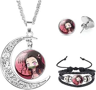 Aquasuki Nezuko Kamado Anime Jewelry Set Glass Dome Crescent Moon Pendant Charm Necklace, Earrings, Bracelet Jewelry Set Gifts for Women Girls, Metal, No Gemstone