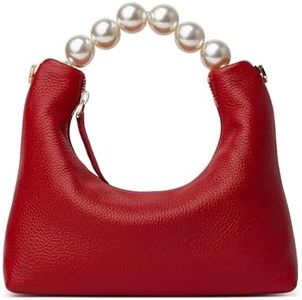 DORIS&JACKY Genuine Leather Top Handle Clutch Bag for Women Small Designer Pearl Tote Purse with Crossbody Chain Strap (Cowhide-Red)