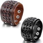 JewelryWe 2PCS Biker Mens Wide Leather Bracelets, Wide Cuff Bangles, Fit 9.1 inch Adjustable, Black Brown (with Gift Bag)