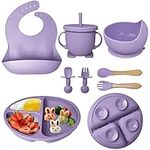 Hoidokly Silicone Baby Feeding Set 8 Pcs, Baby Led Weaning Feeding Supplies for Toddlers Weaning Set with Suction Baby Bowl, Adjustable Bib, Plate, Cup, Fork, Spoon, 6+ Months BPA Free(Purple)