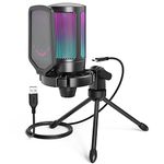 Fifine USB Gaming Microphone for Computer PC PS5, RGB Condenser Mic with Quick Mute, Gain Control, Tripod Stand, Pop Filter, Shock Mount, for Streaming Discord Twitch YouTube Videos-A6V