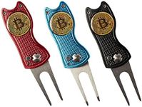 HODL 21 Bitcoin Golf Divot Repair Tool, All-Metal Golf Accessories - 3- in-1 Golf Multitool (Divot Tool, Ball Marker, Club Holder) | Foldable with with Pop-up Button - Red, Blue & Black