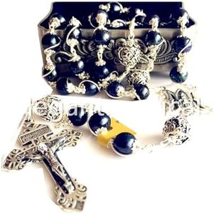 elegantmedical HANDMADE 10MM Black Pearl + Bali Sterling Silver Beads Catholic Rosary Cross Necklace box