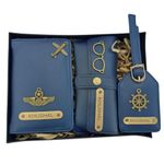 Mekhush 3 Pieces Personalized Leather Gift Set – Passport, Sunglasses Cover & Luggage Name Tag with Customised Name & Charm | Corporate Gifting Option for Office Employees & Clients (Dark Blue)