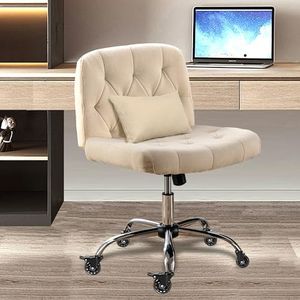 iMenting Criss Cross Chair with Wheels, Armless Wide Seat Desk Chair with Lumbar Pillow, Comfy Fabric Cross Legged Office Chair for Adult, Swivel Vanity Chair for Home Office, Conference (Beige)