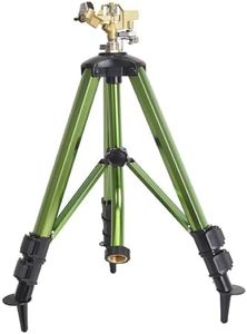 QIZHIMEI Heavy-Duty Brass Impact Sprinkler on Tripod Base, 360 Degree, 50 Feet Large Area Coverage Yard Sprinkler, Adjustable Water Sprinkler，3/4 Inch Connector Extension Legs Flip Locks, Green