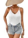 Womens Fringe Tank Top - Rave Festival Cowgirl Outfit Sexy Spaghetti Straps Cami Tops Solid Tassel Sleeveless Camisole V Neck Shirts Ladies Summer Vests Fancy Dress Costume(White,XL,10742r)