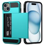 Vofolen for iPhone 15 Case with Card Holder Dual Layer Shockproof Wallet Phone Case, Hidden Card Slot Sliding Protective Hard Shell Cover Slim Case for iPhone 15 6.1 Inch Sky Blue