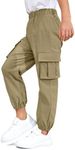 HOOGRIN Cargo Pants Boys High Waist Baggy Streetwear Pants Utility Hiking Pants with Pockets,Khaki,8-9 Years