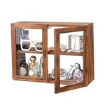 MOOCA Tempered-Glass Wood Display Case with Double Doors, Adjustable 2-level Collection Display Case for Mini Funko Pop Figures, Bakery Case Pastry Container, Jewelry Organizer Storage, Brown Color