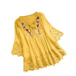 Keepink Tunic Tops for Women UK Plus Size 16-30 Cotton Linen Embroidered Top Lace V Neck 3/4 Sleeve T Shirts Summer Oversized Blouse Pullover Shirts Boho Peasant T-Shirts Trendy