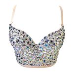 VEENDEO Women's Bustier Crop Top Corset Top Push up Rhinestone Diamond Bra Club Party Vest with Detachable Straps, Multicolor Beige, M