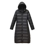 Clementie Womens Winter Down Long Jacket Ladies Ultra Lightweight Hooded Parka Windproof Waterproof Warm Puffy Insulated Quilted Coats for Outdoors, Walking (L,Black)