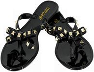 TYFLOVE Women Rivet Flip Flops Studded Jelly Thong Sandals with Bow Summer Bowtie Flat Beach Rain Shoes, Black, 7 US