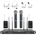 Phenyx Pro Quad Wireless Microphone System w/ 4x40 UHF Channels, Auto Scan, 2 Handheld Dynamic Mics, 2 Bodypacks & Headsets/Lapel Microphones for Singing, DJ, Church (PTU-7000-2H2B)