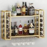 ZAOBAS Wall Mounted Wine Rack, Hanging Floating Bar Liquor Shelves with Glass Holder, Metal Bottle Holder Wine Storage Display Shelf for Home Bar, Gold