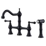 WOWOW Black Kitchen Faucet with Side Sprayer, 4 Hole Brass Kitchen Faucets for Sink, 2 Handle 8 Inch Centerset Bridge Faucet Vintage Farmhouse Copper Kitchen Sink Faucets