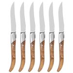 Laguiole Style Steak Knife Set of 6, Non-Serrated Steak Knife Set with Olive Wood Handle, Sharp Stainless Steel Steak Knives with Gift Box, Dinner Cutlery Set for Home Party