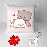 GiftsOnn Peach and Goma Mochi Cat Pillow Cushion, Gifts for him, Boyfriend, Girlfriend, Valentines Gift for Girlfriend, Valentine Pillow for Couple, Peach Goma Pillow, Keychain with Card (Combo-01)