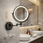 JPS Brass Dual Side Round Mirror for Bathroom 360° Swivel with Magnifying View | Magnifying Shaving Makeup Mirror Wall Mounted | (Black LED Light Mirror)