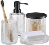 Navaris Glass Bathroom Accessories Set (4 Pieces) - Includes Soap Dispenser, Toothbrush Tumbler, Soap Dish, Cotton Pad Holder - Clear Glass with Black Metal