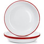 Lawei Set of 4 Enamel Dinner Plates, 10 Inch Round Dinner Plate with Red Rim, Retro Salad Pasta Bowls Enamel Deep Dinner Serving Platter for Dinner, Outdoor, Picnic, BBQ, Butter