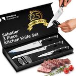 Wrenbury Pro Sabatier Knife Set - 3 Piece Sharp Knives with Sharpener - Professional Kitchen Knives - 20cm Bread Knife, 9cm Paring, 20cm Chef Knife - Dishwasher Safe