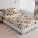 LABHAM® - Crystal 140Gsm Glace Cotton Floral Abstract Print Super Soft Single Bed Bedsheet (60'' x 90'') with 1 Pillow Cover (Beige, Red & Blue)(CR/SB/05)