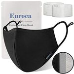 Euroca 3 Layers Face Masks Reusable Washable Breathable Made from Cotton Fabric With Nose Clip Adjustable Ear Loop For Adult - 2 Filters Included (Black Small)