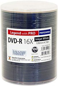 100 Pack Professional DVD-R Legend with Pro Taiyo Yuden TY Technology 16X 4.7GB 120Min (MID TYG03) White Inkjet Hub Printable Blank Recordable Disc