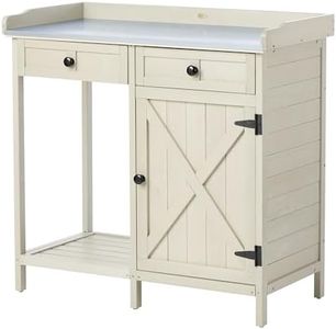 Outdoor Potting Bench with Storage Cabinet & Metal Tabletop, Wood Planting Workstation for Patio Garden, w/Drawer