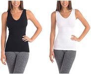 Body Beautiful Women's Soft Lightweight Reversible V or Crew Neck Tank Top with All Around Panel Shapewear(Black + White, Med/Lrg)