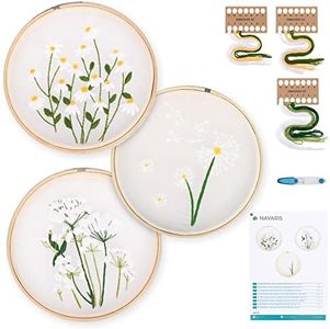 Navaris Flower Embroidery Kit Set (3 Kits) - Transparent Flowers Embroidery Kits for Adults and Beginners - Craft Sets with Organza, Hoops, Thread