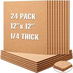 24 Pcs Cork Board Tiles 12"x12" 1/4" Thick Cork Tiles Square Bulletin Boards Cork Sheets with Self Adhesive Backing Brown Corkboards with 120 Self Adhesive for School Office Home Wall DIY Supplies