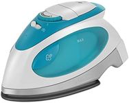 Sunbeam Travel Steam Iron, 1080 Watt, Dual Voltage 120/240, Compact Size, Portable, Non-Stick Soleplate, Soft Touch Handle, Horizontal or Vertical Use, Travel Bag, White and Teal