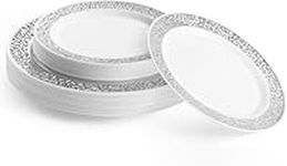 MATANA - 40 Premium Plastic Dinner & Dessert Party Plates with Silver Lace Rim Multi-Use, Perfect for Main Course, Sides, Starters at Weddings, Garden Parties - 20 x 26cm(10”), 20 x 18cm(7”)